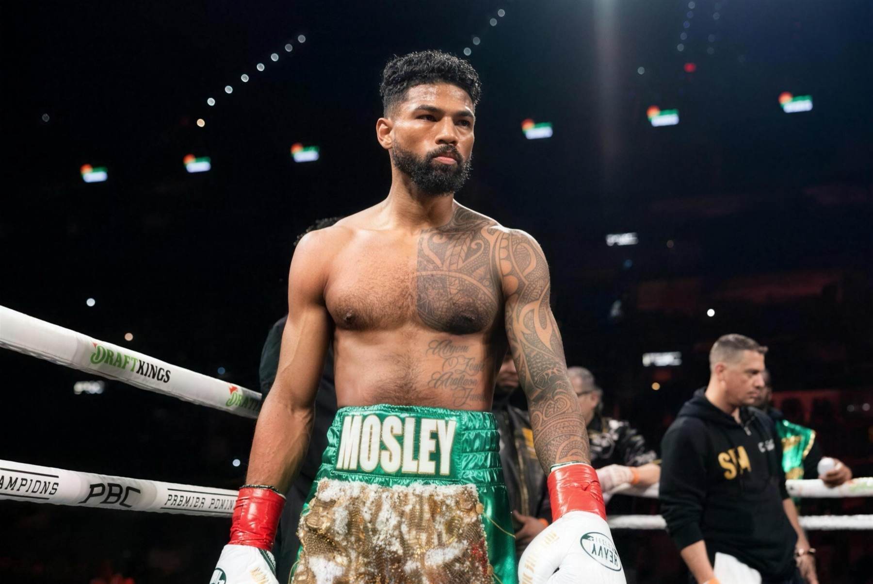 Shane Mosley Jr. in the ring before a fight, MOSLEY across his trunks